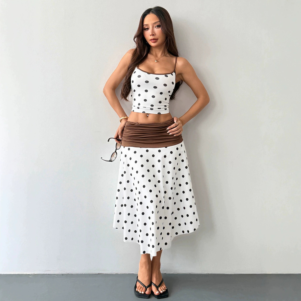 ZARA Summer Polka Dot Print Camisole Crop Top Color Block Skirt Two Piece Set